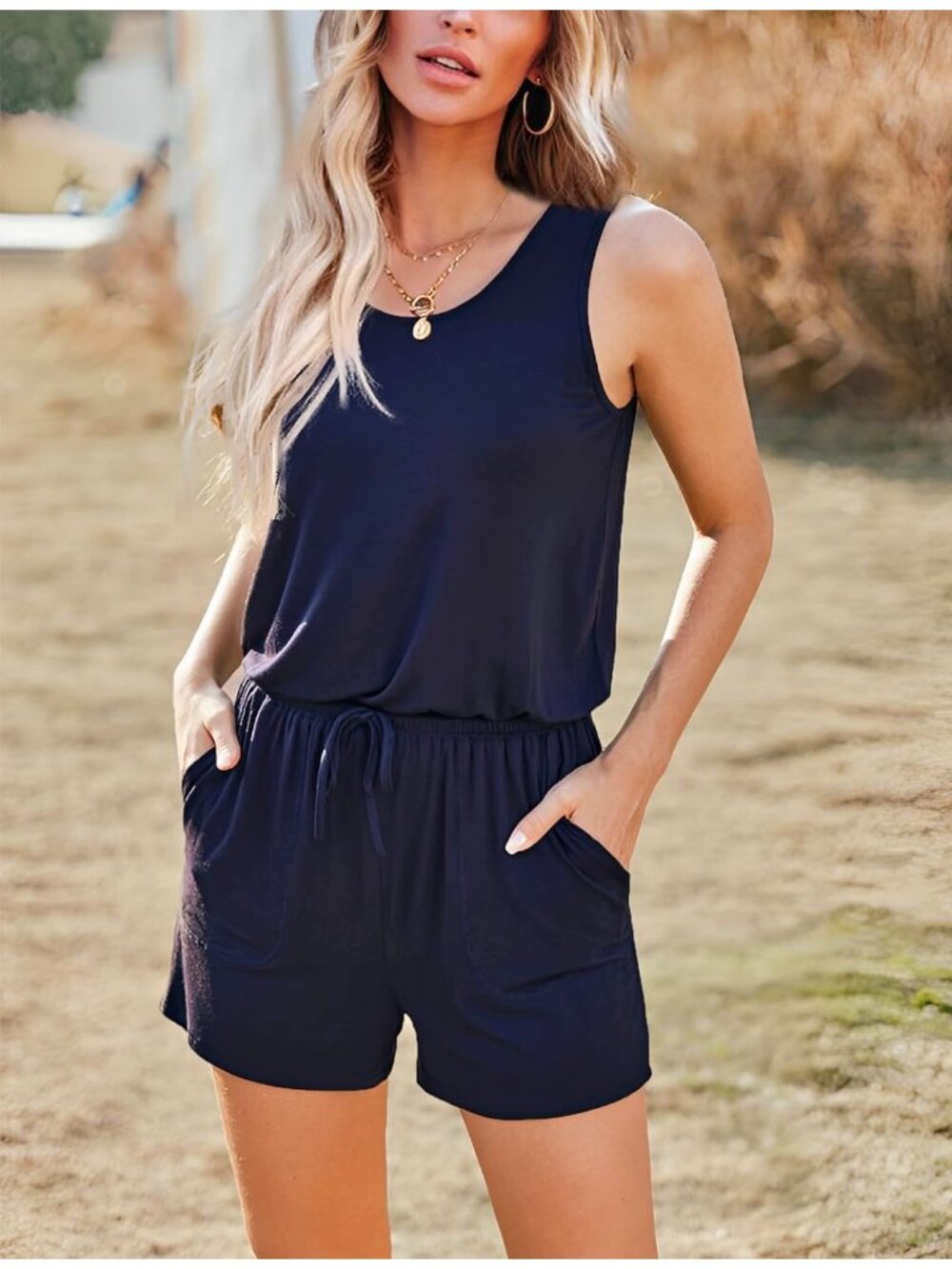 Women's Navy Blue Summer Sleeveless Scoop Neck Tank Top Casual Short Romper - Picture 2 of 6